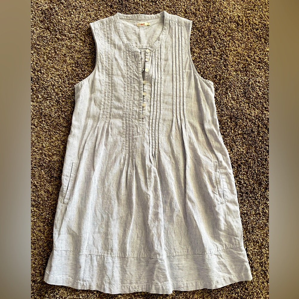 Faherty Sz L Blue Striped Isha Linen Pintuck Sleeveless Short Dress, EUC